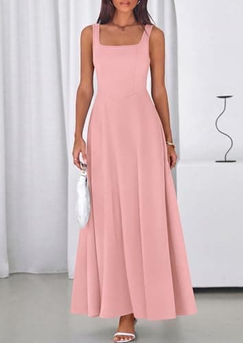 PRETTYGARDEN Womens Summer Dresses 2026 Sleeveless Elegant Square Neck Aline Swing Maxi Beach Wedding Guest Dress Pockets (Pink,Large) - Thumbnail 5