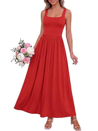 BTFBM Summer Dresses for Women 2026 Maxi Casual Square Neck Flowy Long Sundress Spring Wedding Guest Cocktail Dress(Red, XX-Large) - Image 1
