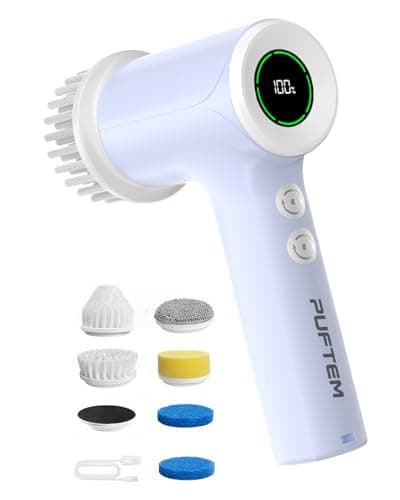 PUFTEM Upgraded Electric Spin Scrubber, Powerful Cordless Shower Scrubber with 4500mAh Large Battery & Speed Display, 6 Replaceable Brush Heads, Cleaning Brush for Bathroom Tile Tub Floor (Purple)