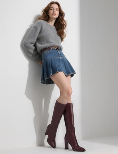 Easyfox Burgundy Tall Boots for Women Knee High Boots Pointed Toe Chunky Heel Fall Long Boots Size 9 - Thumbnail 3