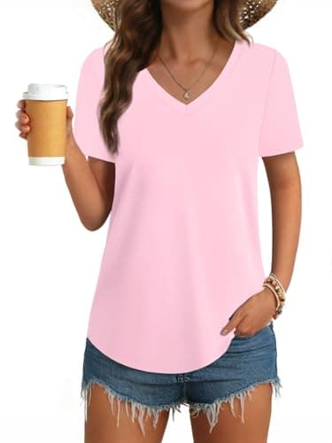 GKBK Womens 93% Cotton Tops V Neck Short Sleeve Tshirts Summer Trendy Basic Solid Tee Shirt Pink XL - Image 1