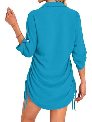 GKBK Women Swimsuit Coverup Bathing Suit Cover Ups for Swimwear Swim 2026 Summer Bikini Beachwear Drawstring Beachy Dress Shirt Festival Outfits Trip Must Haves Lake Stuff Peacock Blue M - Thumbnail 3