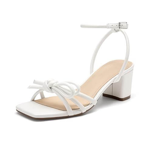 XMWEALTHY White Chunky Block Bow Heels for Women Strappy Square Open Toe Wedding Bridal Heels Ankle Strap Summer Dressy Dance Prom Heeled Sandals Size 7.5 - Image 1
