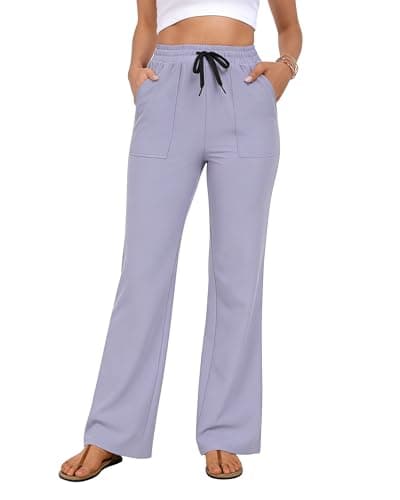 Casual Pants for Women Wide Leg Pants High Waisted Elastic Waist Drawstring Lightweight Travel Work Lounge Comfy Trousers Pants with 2 Pockets Purple L - Image 1