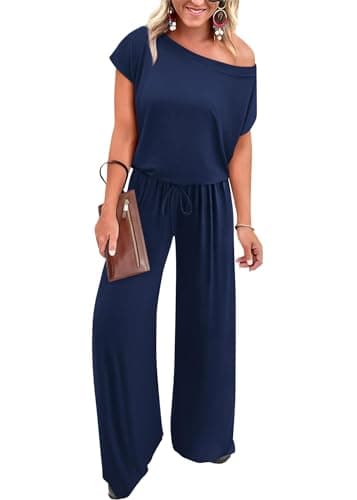 KIRUNDO Casual Jumpsuits for Women Summer Short Sleeve Off Shoulder Wide Leg One Piece Jumpsuits Loose Drawstring Long Pants Romper Overalls Vacation Clothes(Navy, X-Large) - Image 1