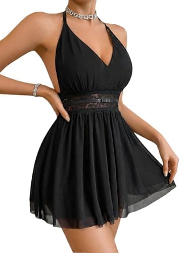 Avidlove Women Lace Lingerie Deep V Neck Backless Babydoll Chemise See Through Nightgown Black Medium - Image 1