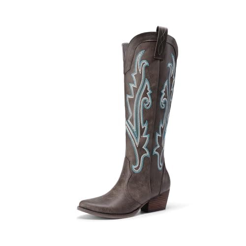 DREAM PAIRS Womens Cowboy Knee High Boots Comfortable Pull On Side Zipper Chunky Heel Embroidered Western Cowgirl Boots Retro Tall Boot,Size 9,Brown,DWUMKB2501 - Image 1