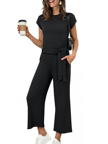 ANRABESS Women 2 Piece Outfits 2026 Summer Lounge Sets Cap Sleeve Tie Waisted Top Wide Leg Pant Airport Vacation Travel Sets Black X-Large - Image 1