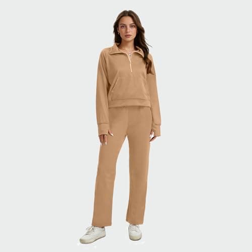 Anyshe Women's 2 Piece Sweatsuit Set Lounge Set Half Zip Sweatshirt with Kangaroo Pocket Thumb Holes Wide Leg Drawstring Pants Casual Tracksuit for Travel Daily Wear, Khaki, X-Large - Thumbnail 2