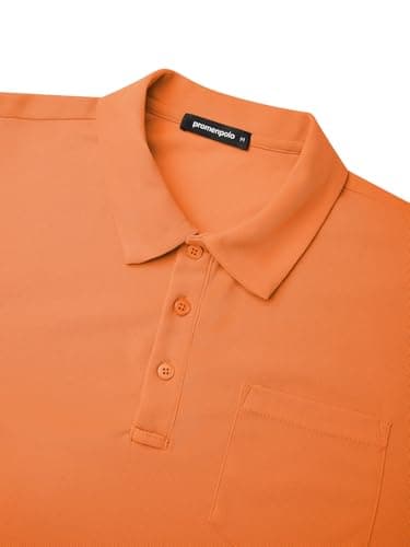 Promen polo Men's Classic Long Sleeve Polo Shirts Casual Lightweight Solid Golf Shirts with Pocket Orange L - Thumbnail 3