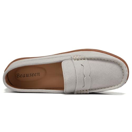 BEAUSEEN Women's Penny Loafers Slip-On - Lightweight Breathable Suede Driving Moccasins,Cute Business Casual Dress Shoes for Work & Travel Beige, 9.5 US - Thumbnail 4