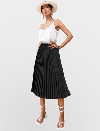 SLOWCOLIN Women's Midi Skirt Elastic High Waist Pleated Skirt Knee Length Swing A-Line Casual Flowy Skirts 2025 Black,M - Thumbnail 4