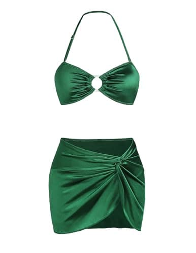 seamoly Womens Bikini Coverups 3 Piece Swimsuits Sexy Triangle Bikini Set High Cut Bathing Suit Beach Sarong Skirt Jade Green XS - Image 1