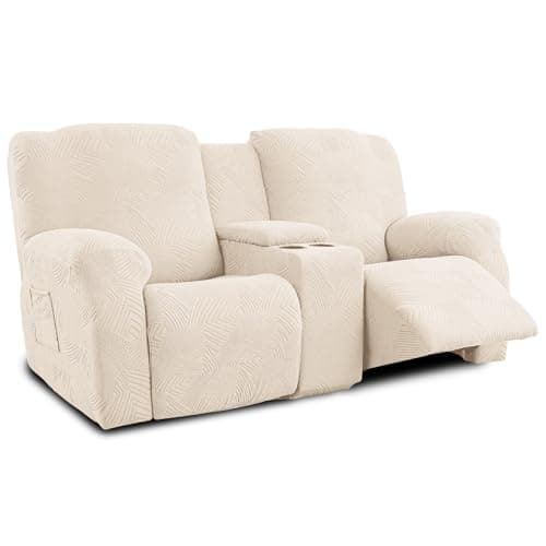 Cushonix Recliner Loveseat Covers with Console,6-Piece Stretch Geometric Strokes Jacquard Reclining Chair Slipcovers,Seamless Furniture Protector,Soft Breathable Couch Cover for Pets Kids,Beige