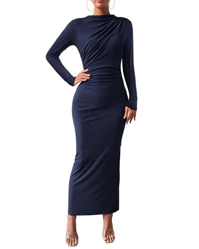 BTFBM Women Bodycon Maxi Dress Long Sleeve Back Slit Ruched Elegant Party Cocktail Formal Fall Wedding Guest Dresses(Navy, Large) - Image 1