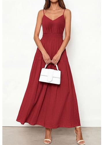 KIRUNDO Maxi Dresses for Women 2026 Summer Sleeveless Spaghetti Strap Long Flowy Beach Vacation Dress Boho A Line Sundress Red - Thumbnail 6