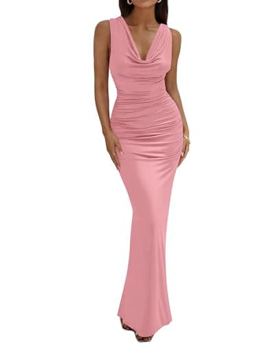 BTFBM Cocktail Dresses for Women Spring 2026 Cowl Neck Sleeveless Ruched Slim Fit Maxi Summer Formal Wedding Guest Dress(Pink, Medium) - Image 1