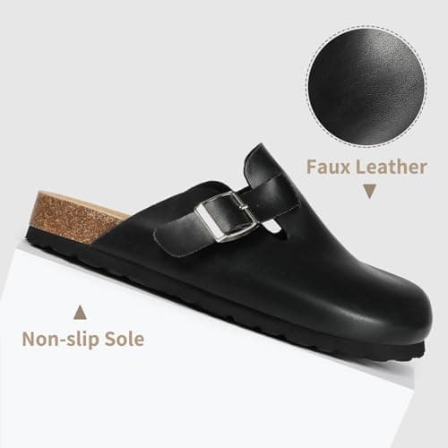 Dumalum Womens Black Clogs Leather Mules Cork Footbed Potato Shoes Comfort Slip on Sandals with Arch Support Clogs for Women Men Dupes Unisex Home Slipper - Thumbnail 6