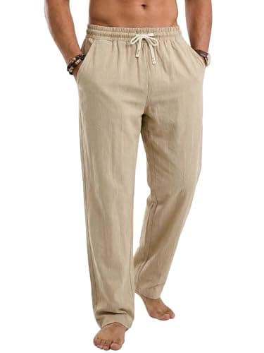 TRFIC Men's Linen Pants Casual Beach Summer Pant Elastic Waist Drawstring Lightweight Trousers Khaki - Image 1