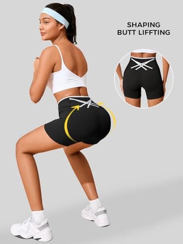 Aoysky Womens Workout Biker Shorts 5" Color Block High Waisted Yoga Athletic Shorts Black - Thumbnail 4