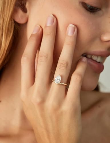 EAMTI 2CT 925 Sterling Silver Engagement Rings for Women Pear CZ Bands Solitaire Cubic Zirconia Curved Wedding Promise Gold Rings for Her Size 9 - Thumbnail 4
