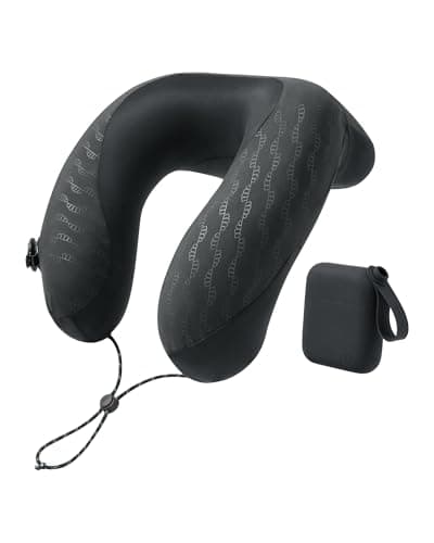 BENEUNDER Travel Neck Pillow for Airplane, Inflatable Compact 360°Head Support Pillow, Comfortable Breathable Cover for Travel, Train,Car with Storage Bag, Black - Image 1