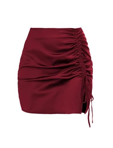 ZAFUL Women Satin Mini Skirts Sexy High Waisted Ruched Silk Bodycon Split Zipper Short Skirt (Red, L) - Image 1