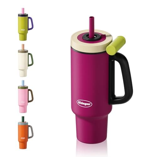 Sidagar Tumbler with Handle,36 oz Ceramic Lined Travel Mug Water Bottle with Straw,Vacuum Insulated Stainless Steel Cup with Lid,Fits Cup Holder, Leak Resistant Press-in Lid, Purple - Image 1