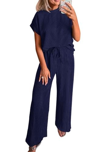 KIRUNDO 2 Piece Sets for Women Dressy Casual Ribbed Knit Short Sleeve Tops Wide Leg Pants Lounge Set Travel Airport Outfits(Navy, Medium) - Image 1