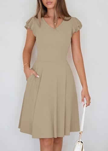 Lazysmile Summer Dresses for Women Ruffle Short Sleeve V Neck A Line Swing Ribbed Knit Casual Mini Short Dress Khaki - Thumbnail 3