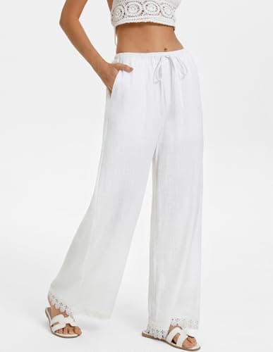 GRACE KARIN Women Linen Palazzo Pants Summer Boho Wide Leg High Waist Casual Pant 2026 Beach Travel Vacation Outfits White 2XL - Thumbnail 2
