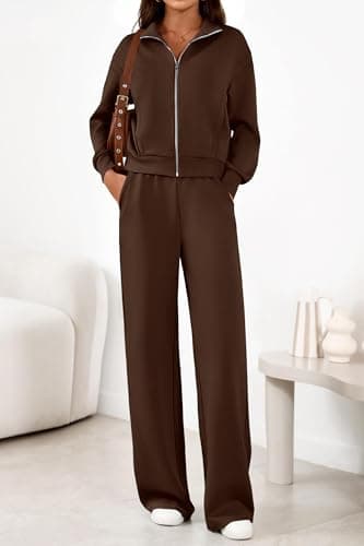 PRETTYGARDEN Women's 2 Piece Outfits Spring Sweatsuits Zip Up Sweatshirt Wide Leg Sweatpants Casual Tracksuit Lounge Sets(Brown,Medium) - Thumbnail 3