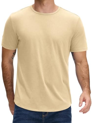 JEMLDL Men's T Shirts Short Sleeve Crew Neck Classic Cotton Blend Tee for Men Casual Basic Solid Color Shirt Summer Beige L - Image 1