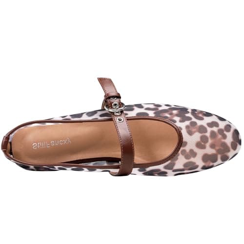 Leopard Flats for Women Mesh Ballet Flats Mary Jane Animal Print Shoes Slip On Casual Breathable Ballerina Flats - Thumbnail 5