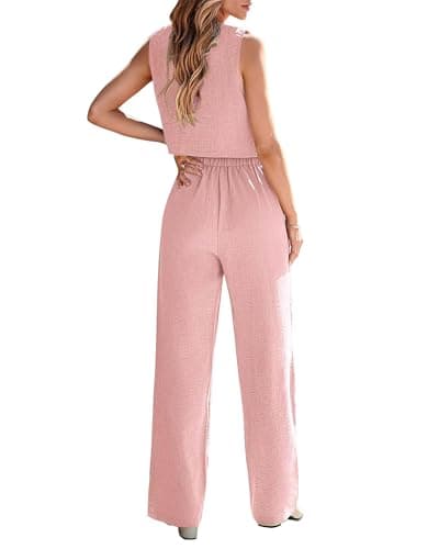 KIRUNDO Womens Suits 2 Piece Set Summer Linen Crop Blazer Vest and Pants Sets Dressy Casual Matching Clothes Going Out Outfits (Pink, Large) - Thumbnail 2