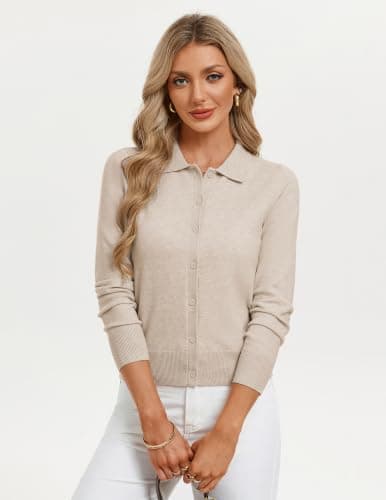 GRACE KARIN Women Cardigan Sweaters Trendy Fall Fashion Button Up Cardigans Lapel Collar Long Sleeve Outfits(Beige,Small) - Thumbnail 2