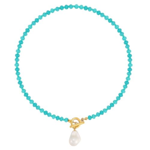 MPRAINBOW Beaded Gemstone Necklace for Women - 18K Gold Plated Beach Jewelry Baroque Pearl Pendant, Handmade Colorful Bead Boho Choker Summer Holiday Surfer Necklace Trendy Gift for Her - Image 1