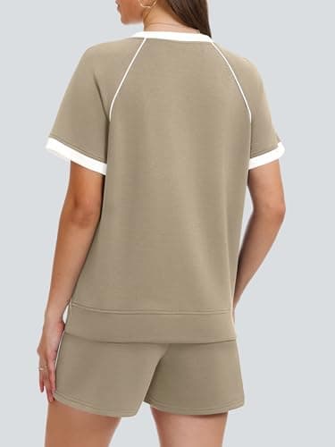 Casly Lamiit Short Sets Women 2 Piece Outfits 2026 Summer Matching Athletic Clothing Sets Cute Color Block Sweatsuit Camel S - Thumbnail 3