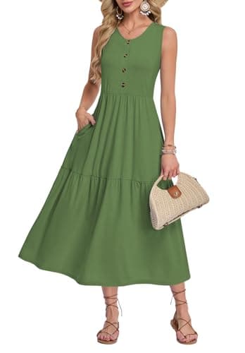 MOLERANI Summer Maxi Dresses for Women 2026 Vacation Sleeveless Loose Long Beach Dress Casual Button Down Sundresses with Pockets,Army Green-2XL - Image 1