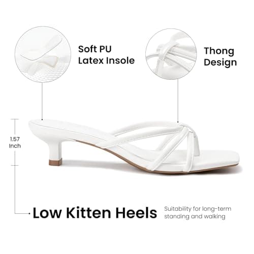 Athlefit White Kitten Heels for Women Strappy Flip Flop Low Heels Square Toe Comfortable Dressy Party Dance Heeled Sandals Size 7.5 - Thumbnail 4