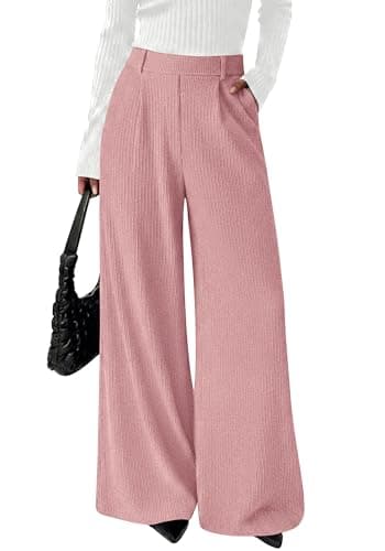 BTFBM Wide Leg Pants for Women Dressy Work Business Casual Elastic High Waisted Trousers Ribbed Lounge Palazzo Pants(Pink, X-Large) - Image 1