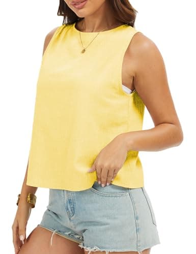 DAOAO Linen Top Tank Tops for Women Cute Summer Sleeveless Cotton Shirts Yellow XL - Thumbnail 4