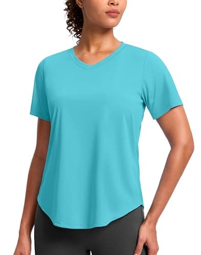 Womens Workout Tops V-Neck Short Sleeve UPF 50+ Sun Shirt Moisture Wicking Quick Dry Top for Gym, Running, Athletic (Cyan, M)