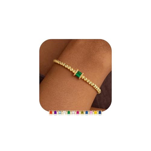 M MOOHAM May Emerald Green Birthstone Bracelets for Girls, Dainty Elastic 14k Real Gold Plated Beaded Bracelets Non Tarnish, Friendship Birthday Jewelry Gifts for Women Teen Girls - Image 1
