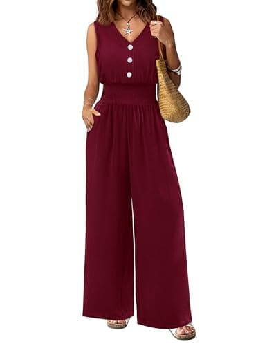 LOOKBOHO Womens Trendy Jumpsuit Dressy Casual Rompers Summer Sleeveless V Neck Elastic Waist Wide Leg Pants 2026(WR,S) - Image 1