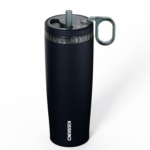 KISSKIND 20 Oz Iced Coffee Tumbler with Hidden Straw, Insulated Stainless Steel Coffee Tumbler, Leakproof Ceramic Lined Travel Cup for Subway Commuting, Slim Tumbler for To-Go, Midnight Espresso - Image 1