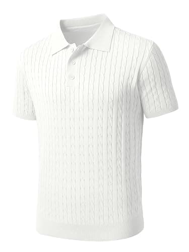 JEMLDL White Knit Polo Shirt for Men Highly Stretchy Short Sleeve Ribbed Lightweight Business Men's Dress Shirt - Image 1