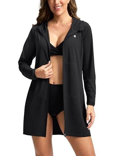 Women's UPF 50+ Swim Cover Up Sun Protection Hoodie Long Jacket SPF Lightweight Beach Cover Ups for Women(Black,3XL) - Image 1