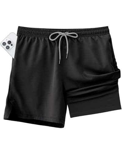 Y YERFONE Mens Swim Trunks 5 Inch with Compression Liner, Quick Dry Board Shorts Men Bathing Suits for Beach with Pockets Black - Image 1