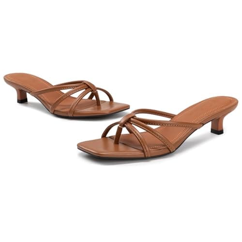 Athlefit Brown Heels Strappy Square Toe Flip Flop Short Kitten Heels for Women Slip On Fashion Low Heel Thong Sandals Size 6.5 - Thumbnail 6